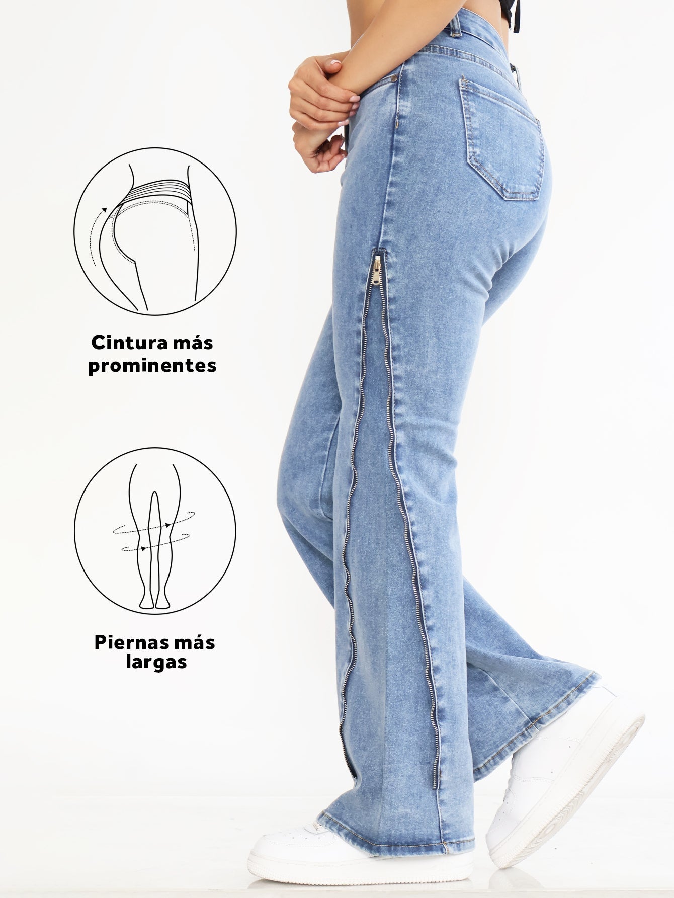 Pantalones Vaqueros Acampanados con Cremalleras Laterales - Tiro Alto en Azul Desgastado