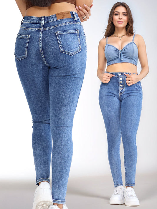 Jeans Ajustados de Mezclilla para Mujer - Tiro Alto con Múltiples Botones y Super Stretch