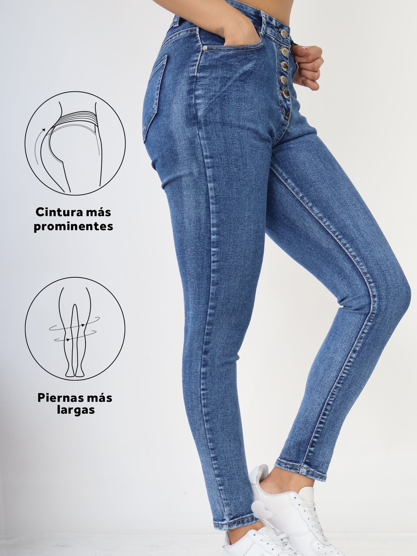 Jeans Ajustados de Mezclilla para Mujer - Tiro Alto con Múltiples Botones y Super Stretch